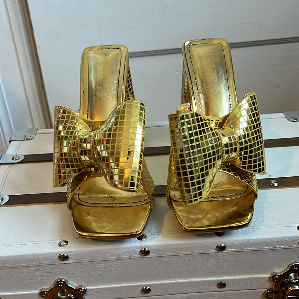 Gold Disco Bow Mules - Extended Size 11 (Wide fit)